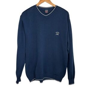 Paul & Shark Yachting Mens V Neck Cotton Sweater Sz Medium Blue Long Sleeve
